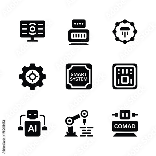 Smart system technology icons, ai dashboard gear and robot arm symbols, industrial automation conference graphic, digital factory innovation vector illustration