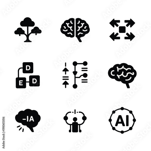 Ai brain and circuit symbols, dataset nodes, resistor elements, labeled blocks, innovation summit, coding bootcamp, research symposium, educational vector silhouettes