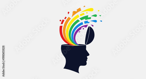 A dark silhouette of a head opens to reveal a vibrant rainbow splash