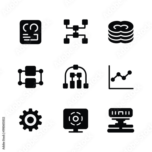 Analytics icons collection, network nodes, wave dataset, hierarchy chart, flow diagram, radar scan, dashboard display, statistics meetup, vector silhouette design