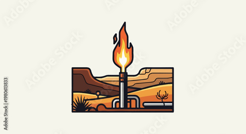 Desert landscape with a prominent gas flare atop industrial pipes