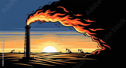 Oil rig flares and pumps at sunset, symbolizing industrial power and environmental impact