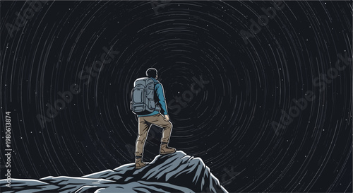 A lone hiker stands atop a rocky peak, gazing into a swirling starry sky