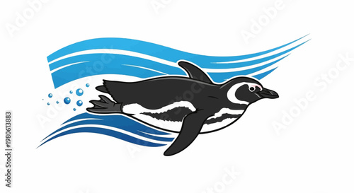 A cartoon penguin swims through blue waves, leaving bubbles