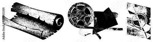 Retro cinema symbols including film strip, reel, and lens, rendered in gritty halftone, ideal for film,, or retro design projects.