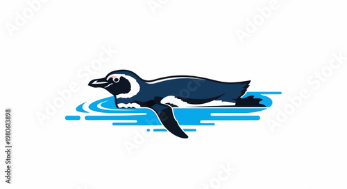 A stylized penguin glides through blue water against a white background