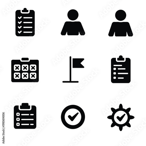 Office administration icons set, clipboard task list, employee profile, approval badge, grid dashboard, flag marker, settings gear, workflow vector illustration