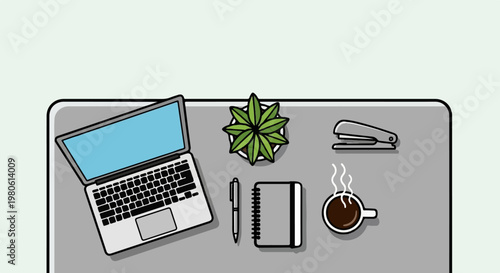 Top view of a desk with a laptop, plant, notebook, pen, coffee, and stapler
