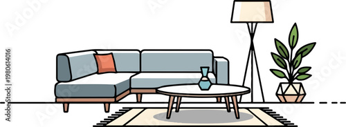 A stylish sectional sofa with a coffee table, lamp, and potted plant