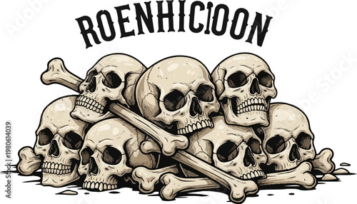 A pile of skeletal remains with crossbones, rendered in a gritty, dark art style with a prominent text banner