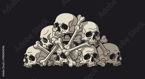 A morbid pile of pixelated skulls and crossbones on a dark background