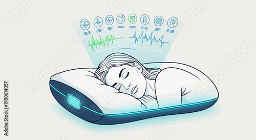 Woman sleeping on a smart pillow, with health data displayed in the air