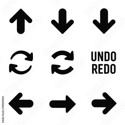 Undo redo arrows set, circular refresh icons, up down left right pointers, interface navigation, editing tools, workflow control, silhouette vector