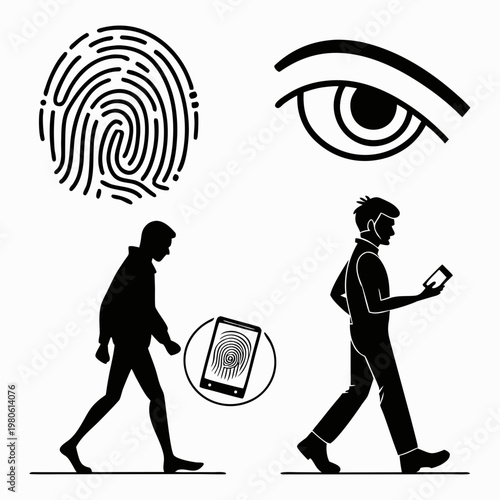 A vector graphic illustration of biometric security with fingerprint and eye scan icons and silhouettes of people using mobile devices
