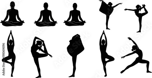 Collection of black silhouette figures performing various yoga poses on a white background