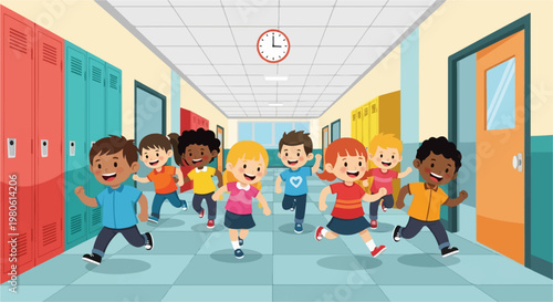 Cheerful children run down a school hallway past lockers