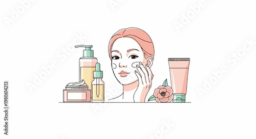 Woman applying cream to face surrounded by various skincare products and a flower
