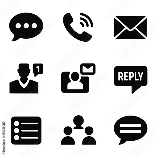 Communication icons set, phone email chat message, customer support services, corporate hotline contact, business conference branding, silhouette vector design illustration