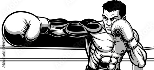 Muscular boxer in ring throwing a powerful punch