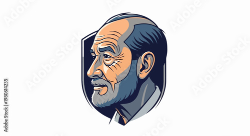 Stylized profile of an elderly man with wrinkles, gray beard, and receding hairline, set against a shield shape