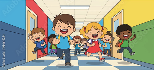 Energetic diverse children with backpacks running down a colorful school hallway