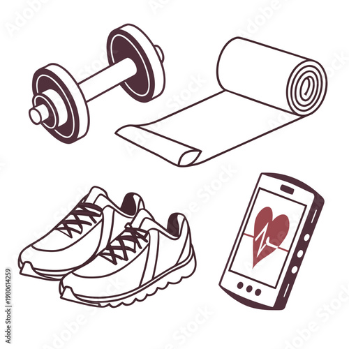 A vector graphic illustration of fitness equipment and accessories, including a dumbbell, yoga mat, running shoes, and smartphone with a heart rate monitor.