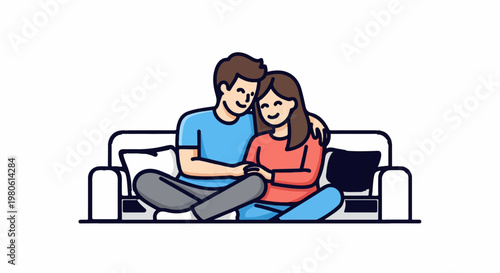 A man and woman sit closely on a sofa, embracing each other, with their legs crossed and eyes closed