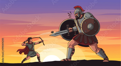 Brave warrior faces giant adversary against dramatic sunset backdrop