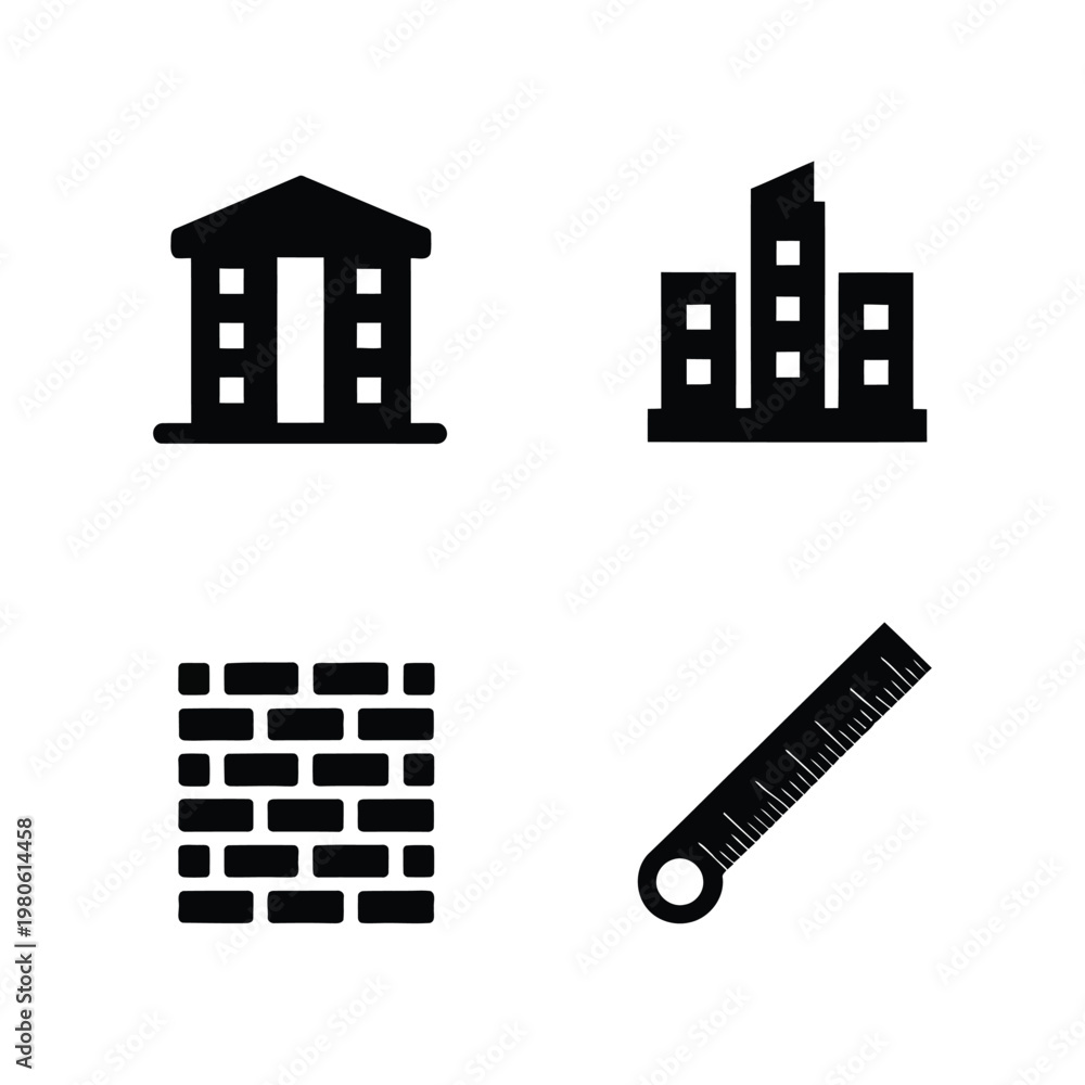 Naklejka premium Highrise building icons with brick wall and ruler, contractor estimate session, quantity surveying workshop, property renovation expo, silhouette vector design