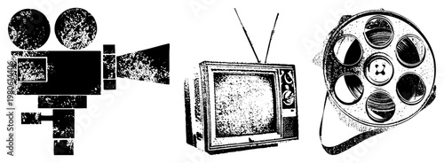 Retro film camera, old set, and film reel depicted in halftone vector art, classic gear, analog broadcasting tools, nostalgic cinema equipment.