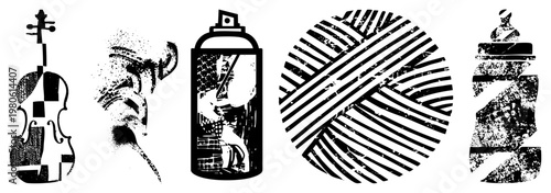 Stylized vector including violin, spray can, circular halftone, and bottle silhouette, rendered in with textured and geometric abstraction.