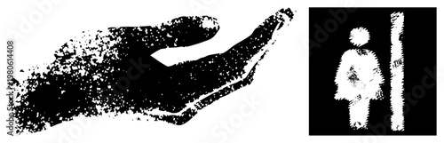 Stylized hand with textured halftone effect, female restroom symbol, graphic, isolated vector, glyph style, design.