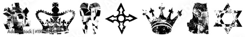 Black and white collage (crown, Star of David, glyphs) with distressed textures. Ideal for graphic design, branding, or cultural projects.