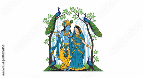 A divine couple, Krishna and Radha, stand together amidst trees and peacocks in a tranquil, artistic depiction