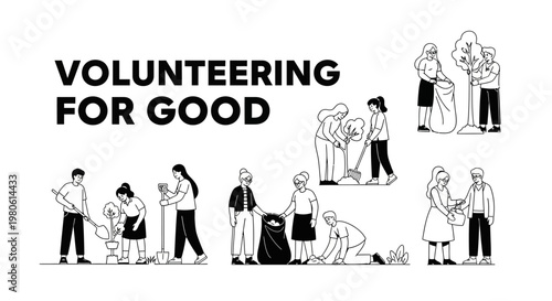 Volunteering for good illustration featuring people working together for community service.