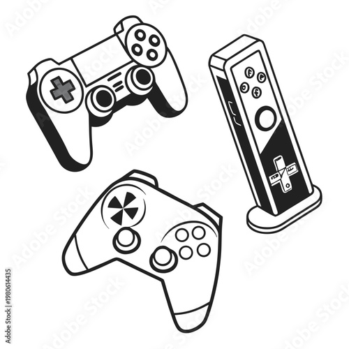 A vector graphic illustration of three gaming controllers in a minimalist line art style