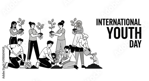 Group of young people planting trees together for International Youth Day.