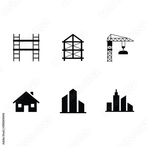 Urban skyline and scaffold icons set, city tower development, real estate summit, infrastructure planning session, builders association poster, silhouette vector
