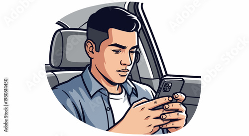 Young man in a car looking at his phone, engrossed in the screen