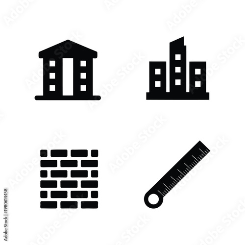 Highrise building icons with brick wall and ruler, contractor estimate session, quantity surveying workshop, property renovation expo, silhouette vector design