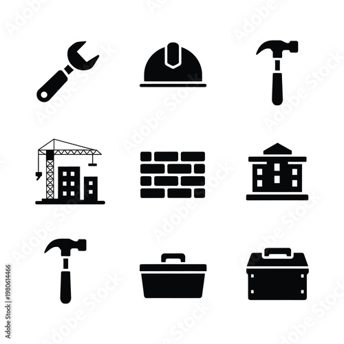 Construction tools and safety silhouettes, wrench helmet toolbox bricks crane, contractor toolkit poster, building maintenance workshop, apprenticeship training, silhouette vector