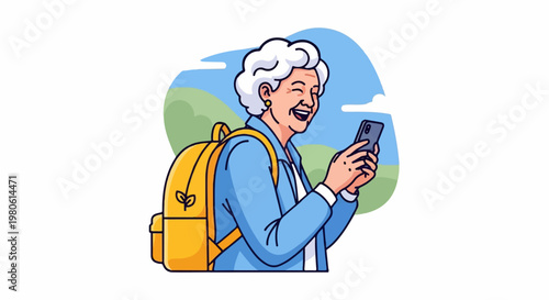 Cheerful older woman with a backpack smiles while using her mobile phone outdoors