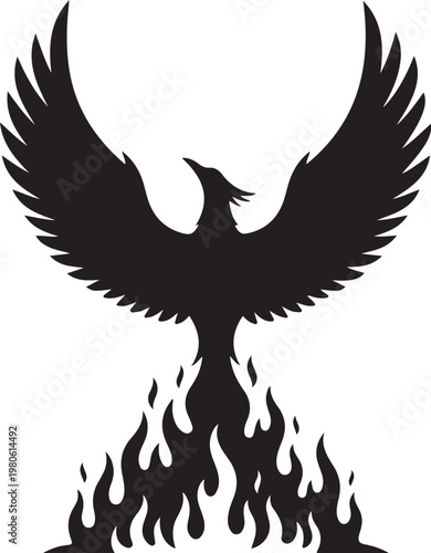 Black silhouette of a phoenix rising from flames bird