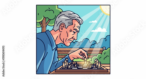 Elderly man focused playing chess on a park bench under a sunny sky