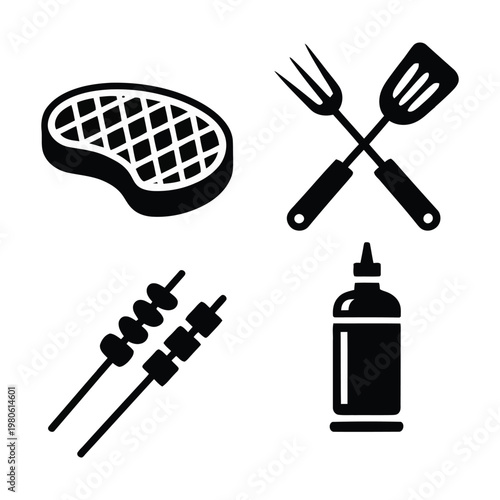 Grill barbecue icons, steak, crossed fork and spatula, skewers, sauce bottle, backyard party, summer cookout, kitchen silhouette collection set
