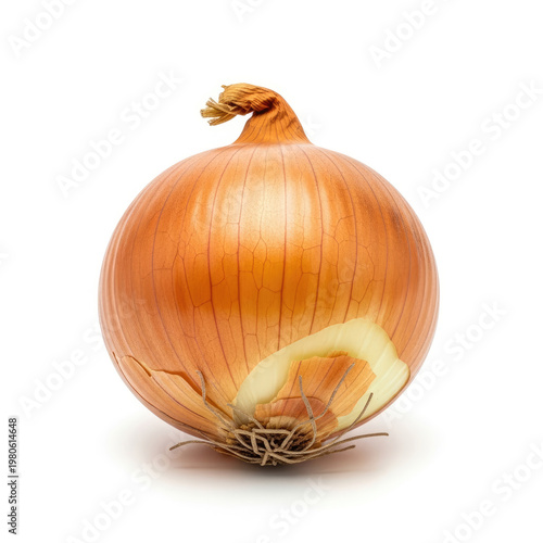 A large brown onion with a partially peeled skin on a white background