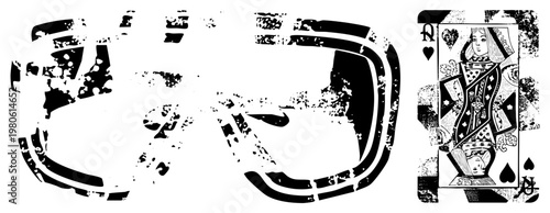 Vintage card game symbol, Queen of figure, broken lettering design, grunge texture, poker card art, distressed typography, casino element.