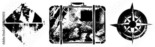 Retro halftone travel symbols compass, suitcase, portrait ideal for adventure branding, vintage posters, or wanderlust designs.