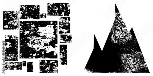 Fragmented black forms with grainy halftone textures, angular composition, vector art, graphic design elements, digital illustration, stylized abstraction.