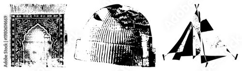 Intricate Islamic arch with script, striped dome texture, angular tent cutouts, halftone vector art, cultural motifs, architectural elements, abstract design.